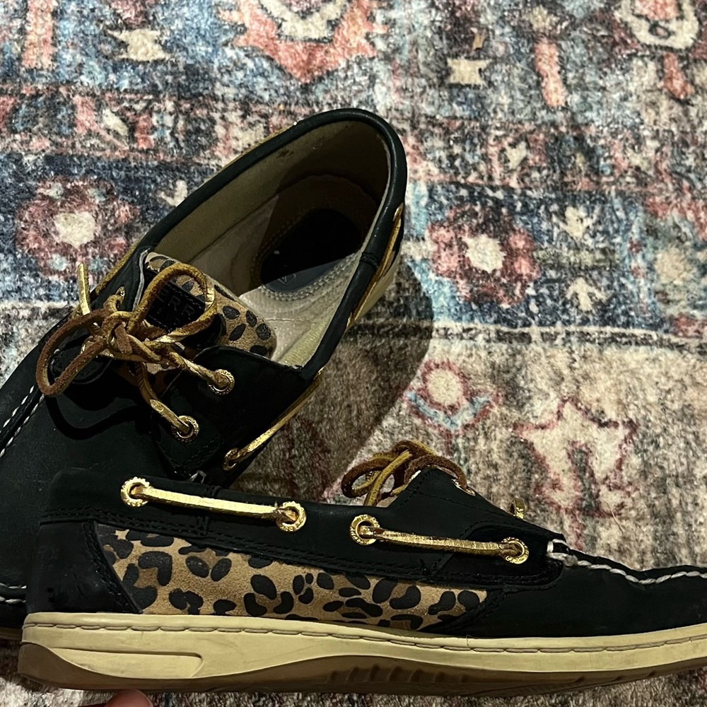 Sperry Black and Leopard Print Women's Boat Shoes